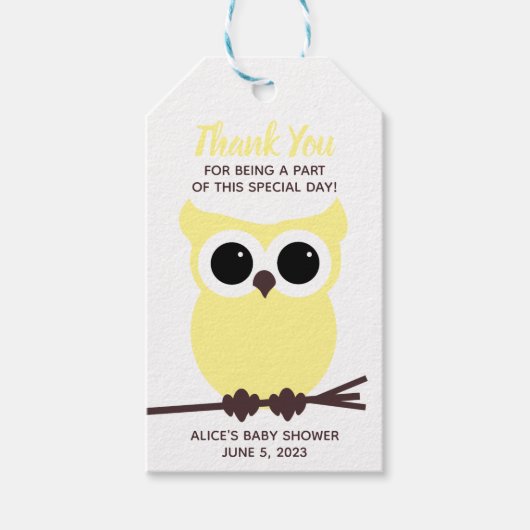 Schau, wer fast fällig ist! Yellow Owl Babydusche Geschenkanhänger (Vorderseite)