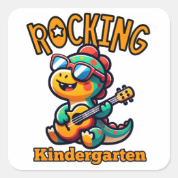Schaukelnder Kindergarten-Dinosaurier mit Gitarre Quadratischer Aufkleber