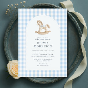 Schaukelpferd Blau Gingham Baby Shower Einladung