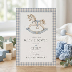 Schaukelpferd Blau Gingham Jungen Baby Shower Einladung