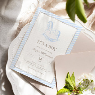 Schaukelpferd Blau Toile De Jouy Baby Shower Einladung