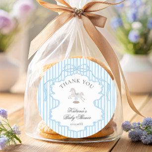 Schaukelpferd Blaue Schleife Baby Shower Danke Runder Aufkleber