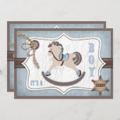 Schaukelpferd-Cowboy-Babyparty-Blau Einladung (Vorne/Hinten)