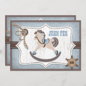 Schaukelpferd-Cowboy danken Ihnen blau Dankeskarte (Vorne/Hinten)