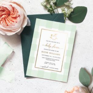Schaukelpferd Mint Gingham Baby Shower Folien-Einl Folieneinladung