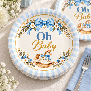 Schaukelpferd mit blauem Schleifenhalsband Oh Baby Pappteller