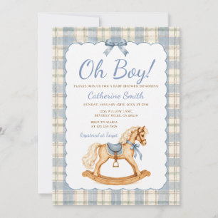 Schaukelpferd Oh Boy Blau Kariert Baby-Party Einladung