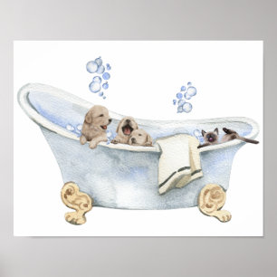 Schaumbad Welpen Kätzchen Badewanne Badezimmer Poster