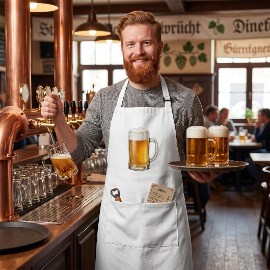 Schäumender kalter Bierkrug Trinker Schürze