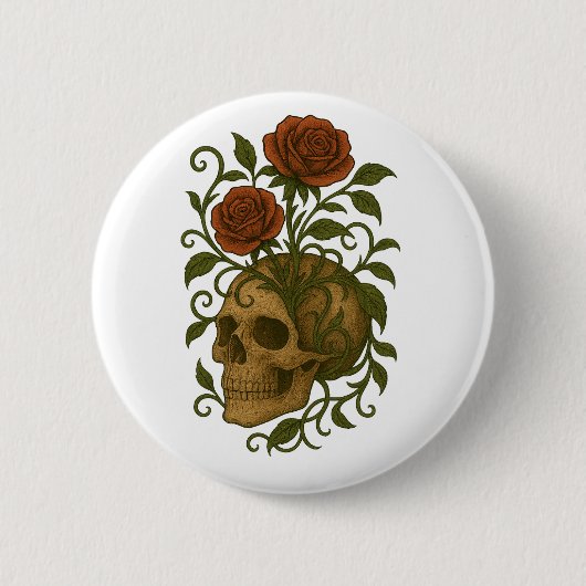 Schaurig schöne Schädel und Rosen Halloween-Kunst Button (Vorderseite)
