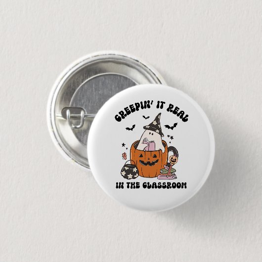 Schaurig süßer Retro-Halloween-Lehrer Button (Vorne & Hinten)