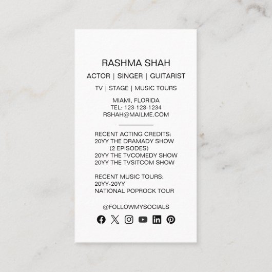 Schauspieler Musician Entertainment Berufliches Fo Visitenkarte (Rückseite)