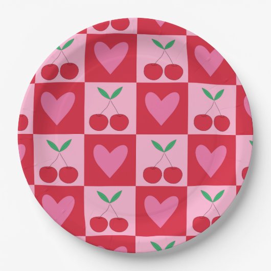 Scheckige Kirschen mit rosa Herzen Muster Pappteller (Vorderseite)