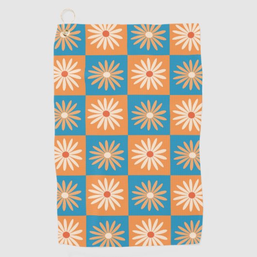 Scheckte Retro-Blume auf blau und orange Golfhandtuch (Vorderseite)