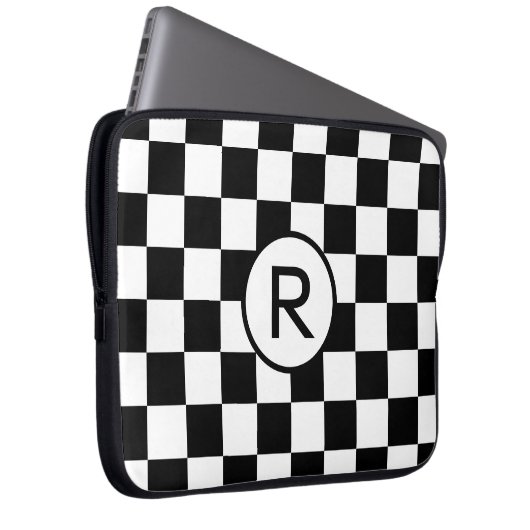 Schecktes Schwarz-Weiß-Muster mit Monogramm Laptopschutzhülle (Vorne Rechts)