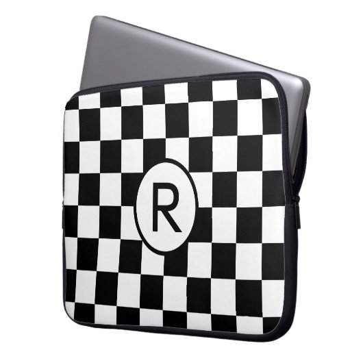 Schecktes Schwarz-Weiß-Muster mit Monogramm Laptopschutzhülle (Vorderseite Links)