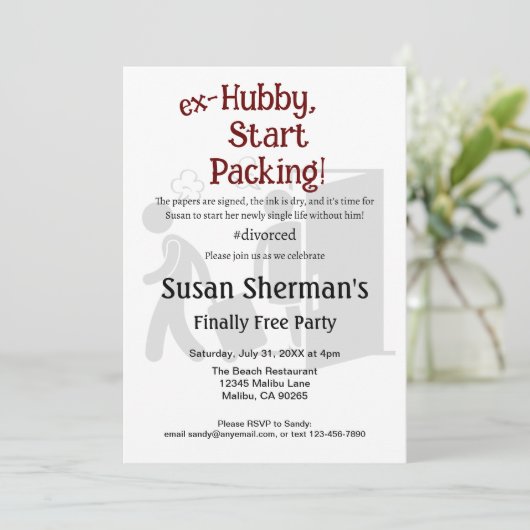 Scheidung Party Celebration Ex Hubby Start Packing Einladung (Stehend Vorderseite)