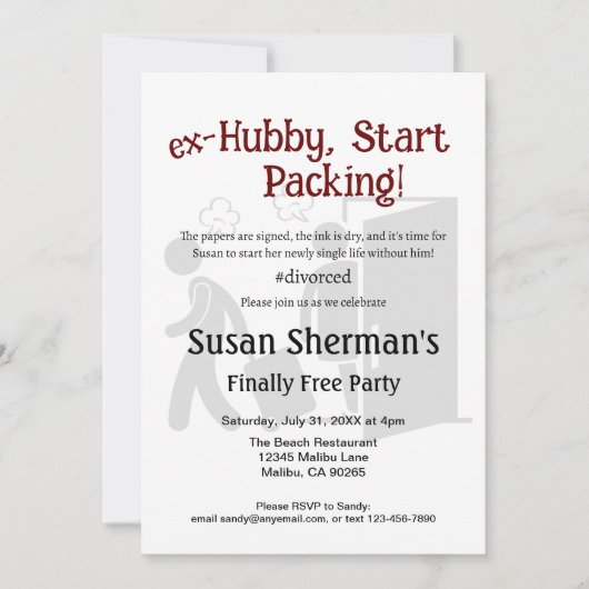 Scheidung Party Celebration Ex Hubby Start Packing Einladung (Vorderseite)