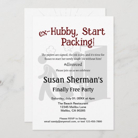 Scheidung Party Celebration Ex Hubby Start Packing Einladung (Vorne/Hinten)