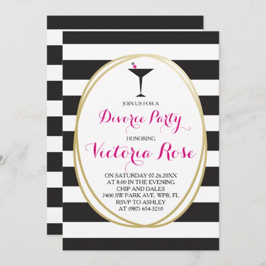 Scheidung Party Einladung ~ Hot Pink, Schwarzer St (Vorne/Hinten)