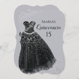 Schein-Kleiderschwarz-Silber Quinceañera Einladung