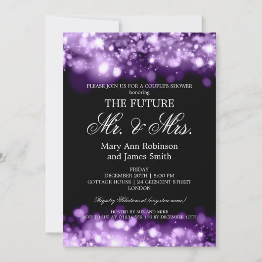Schein-Lichter Herr-Frau Couples Shower Purple Einladung (Vorderseite)
