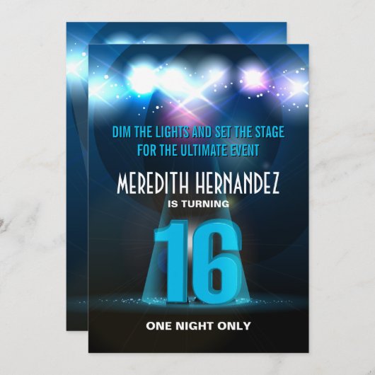 Scheinwerfer-Stern-blauer Bonbon 16 Einladung (Vorne/Hinten)