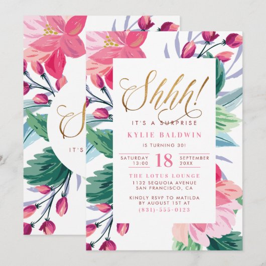 Scheiße! Elegante Gold Script Floral Überraschung Einladung (Vorne/Hinten)