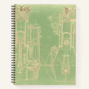Schematische Planung Zeichnend Motor von Frühgas Notizblock