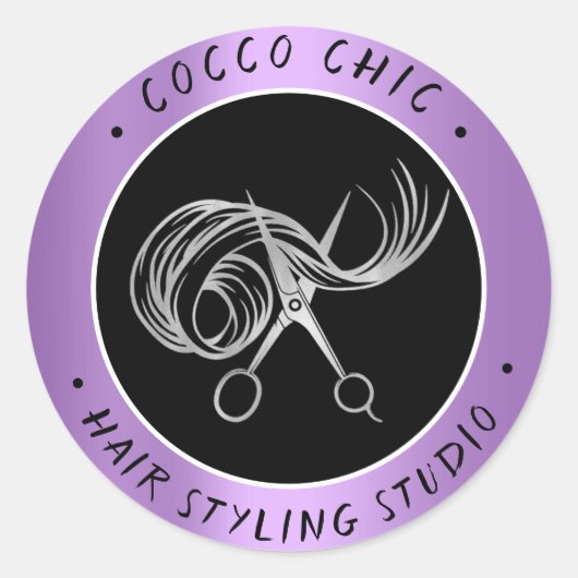 Schere Haar Logo Name Danke Silver Lila Runder Aufkleber (Vorderseite)