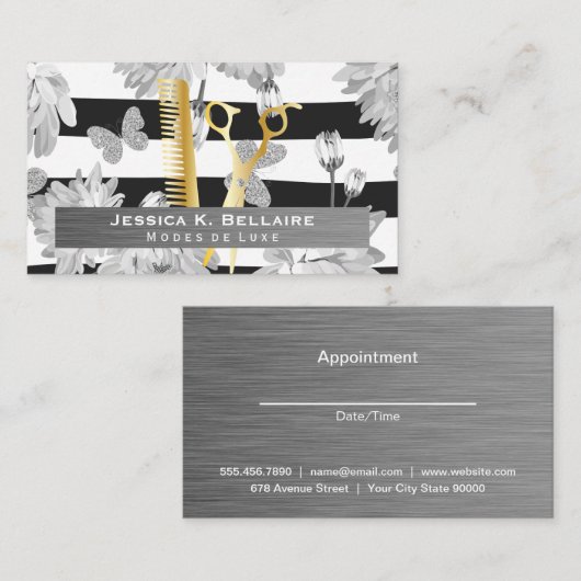 Schere | Metall gebürstet | Blume Schmetterlinge Terminkarte (Vorne/Hinten)