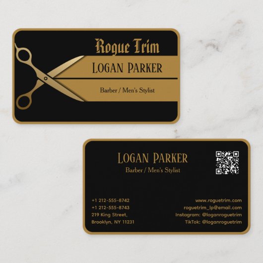 Schere Moderner Barbier Schwarz Gold Visitenkarte (Vorne/Hinten)
