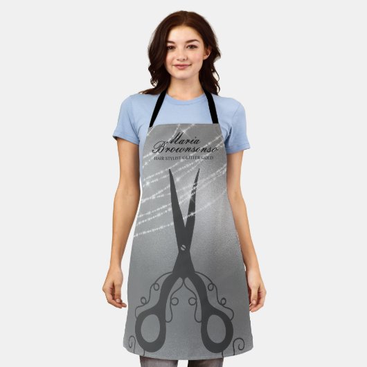 Schere Schneiden Haar Stylistin Glitzer Silber Fri Schürze (Getragen)