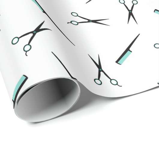 Schere-u. Kamm-Muster - Schwarz-weiß u. Türkis Geschenkpapier (Rolleneckpunkt)