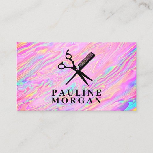 Schere und Kamm | Holografische Iridescent Visitenkarte (Vorderseite)