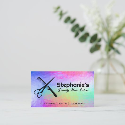 Schere und Kamm | Rainbow Irisierender Hintergrund Visitenkarte (Stehend Vorderseite)
