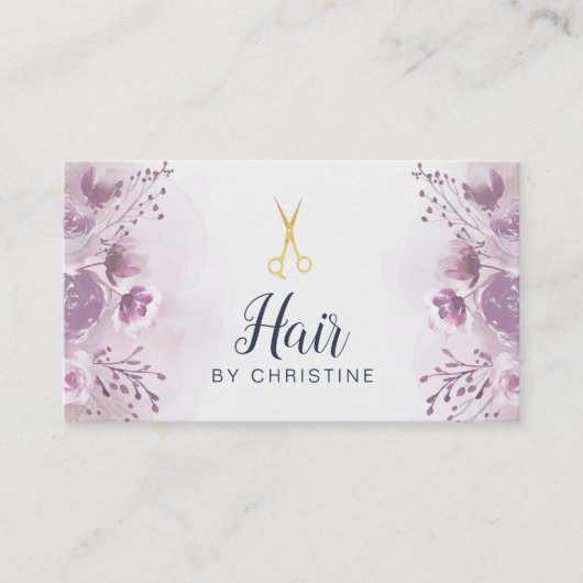 Schere und lila Blumendekoration Visitenkarte (Vorderseite)