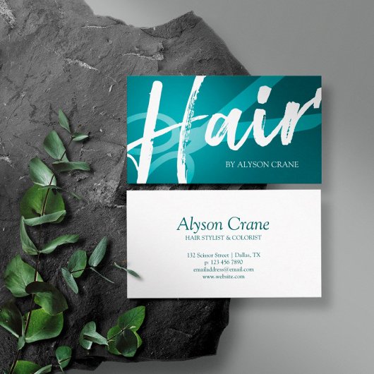 Schere und Pinselschrift | Cyan | Hair Stylist Visitenkarte