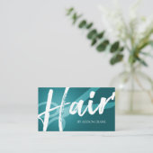 Schere und Pinselschrift | Cyan | Hair Stylist Visitenkarte (Stehend Vorderseite)