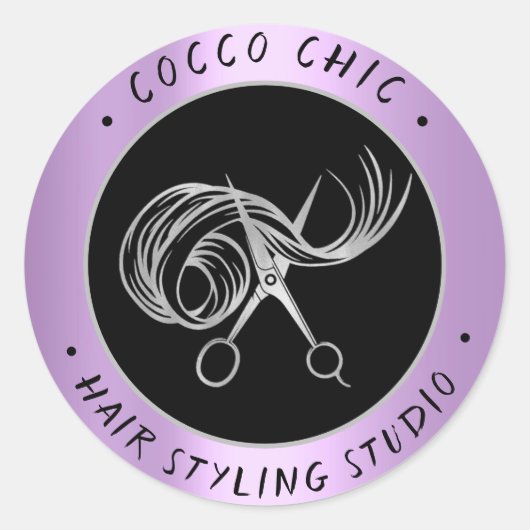 Scheren Haar Logo Name Danke Lila Grau Runder Aufkleber (Vorderseite)