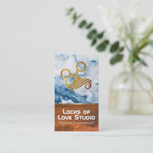 Scheren-Haarlogo | Blauer Marmor | Holz Terminkarte (Stehend Vorderseite)