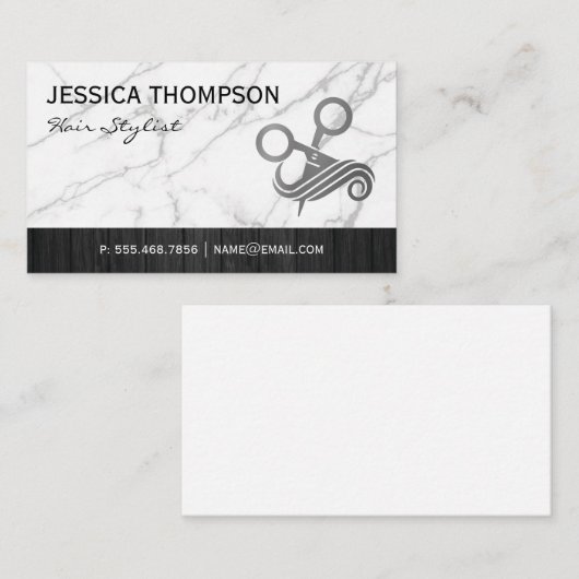 Scheren-Haarlogo | Marmor | Holzschnitt Visitenkarte (Vorne/Hinten)