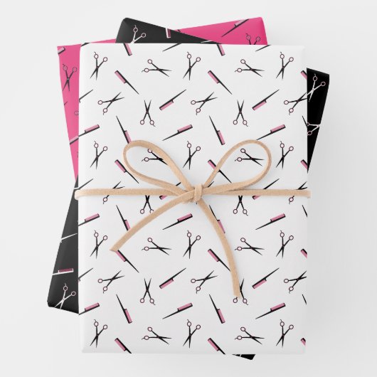 Scheren & Kombs rosa Haare Gestaltungsmuster Geschenkpapier Set (Beispiel)
