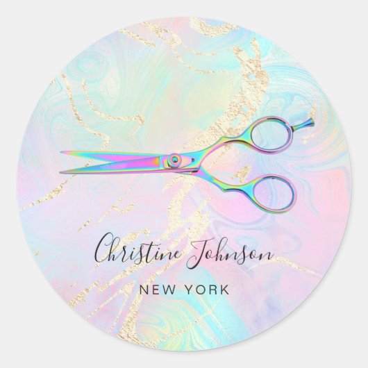 Scheren-Logo auf holografischen Imitaten Runder Aufkleber (Vorderseite)