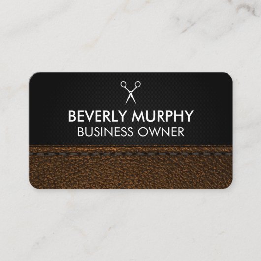 Scheren-Logo | Brown Stitched Leather Terminkarte (Vorderseite)