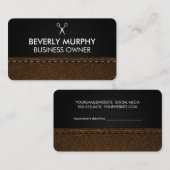 Scheren-Logo | Brown Stitched Leather Terminkarte (Vorne/Hinten)