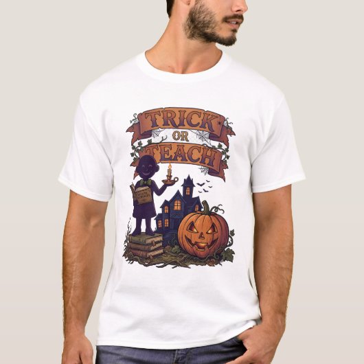 Scherz oder Lehre Schattenfigur Kürbis Spukhaus T-Shirt (Vorderseite)