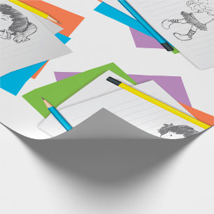 Scherzhafte Mädchen-Skizzenzeichnung mit farbenfro Geschenkpapier