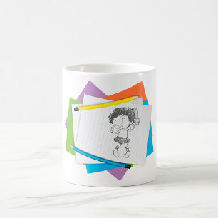 Scherzhafte Mädchen-Skizzenzeichnung mit farbenfro Kaffeetasse
