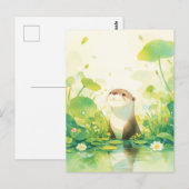 Scherzhafte Otter in grünem Lilienteich Postkarte (Vorne/Hinten)